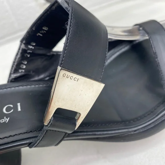 Gucci Black Leather Double Strap Block Heel Slides Sandals women’s size 7.5 - Picture 5 of 12